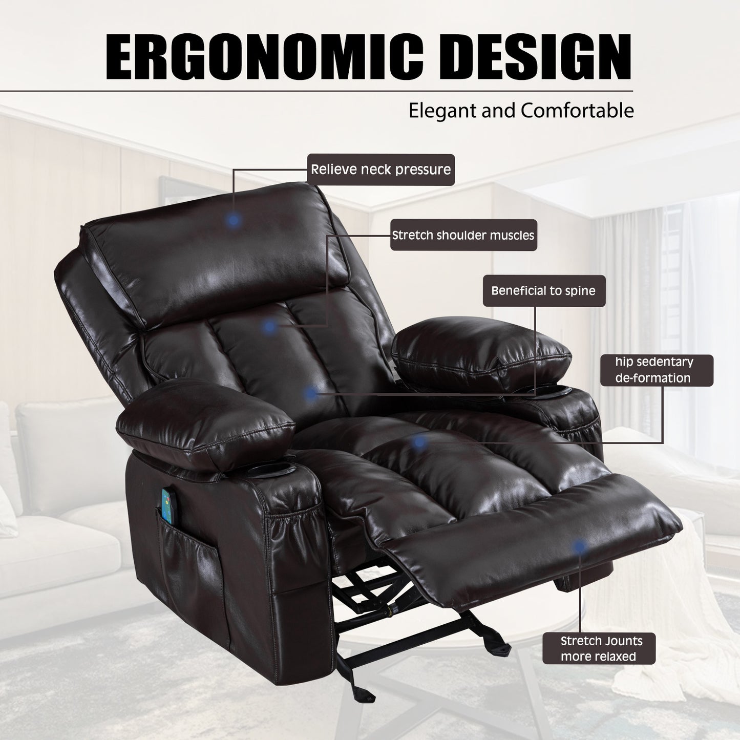 Rocking Massage Chair for Living Room with Heating and Side Pockets